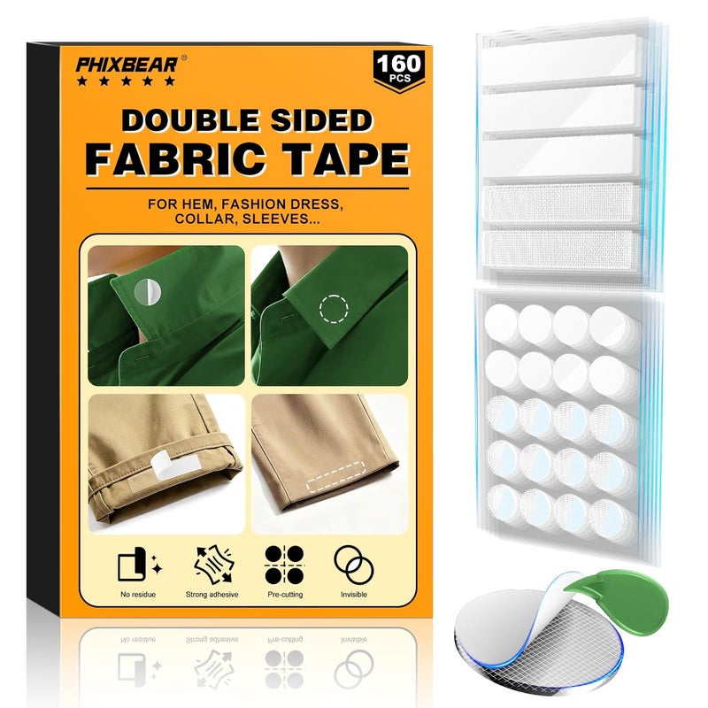 PHIXBEAR Double Sided Fabric Tape, 160Pcs Pre-Cutting Hem Tape No Sew No Iron, Fabric Adhesive for Fashion Dress, Cloth, Curtains, High Adhesive Sticky but Removable and Residue Free - Image 1